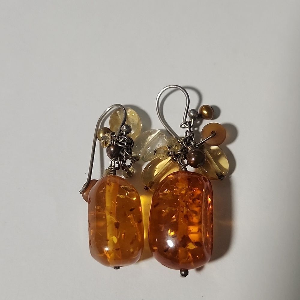 Amber Sterling Silver And Pearl Dangle Earrings